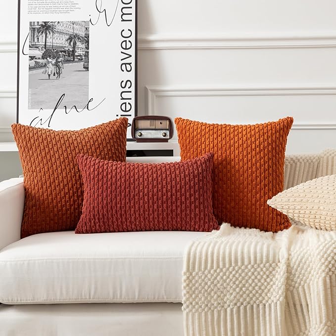 Kevin Textile Fall Throw Pillow Covers Soft Corduroy Decorative Set of 2 Boho Striped Pillow Covers Pillowcases Farmhouse Home Decor for Couch Bed Sofa Living Room 20x20 Inch Rust Brown