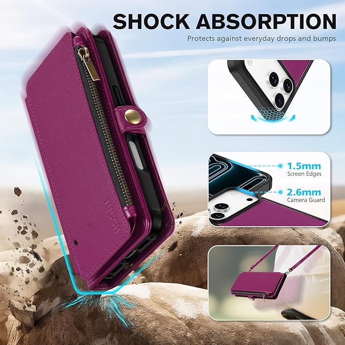 TUCCH Crossbody Detachable Wallet Case for iPhone 17 Pro Max 6.9", 10 Card Holders RFID Blocking, Wireless Charging, Stand Wrist Strap, Lanyard, Zipper Pocket, PU Leather Shockproof Cover, Plum Purple