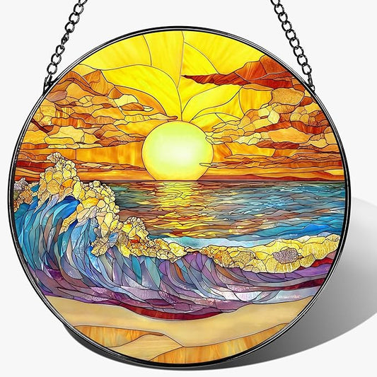 8-Inch Stained Glass Ornament, Stained Glass Window Hanging, Window Hanging Decor Suncatcher, Sunset on The Beach Ornament | Beach Gift, Gifts for Sunset Lovers, Friend, Family & Colleague