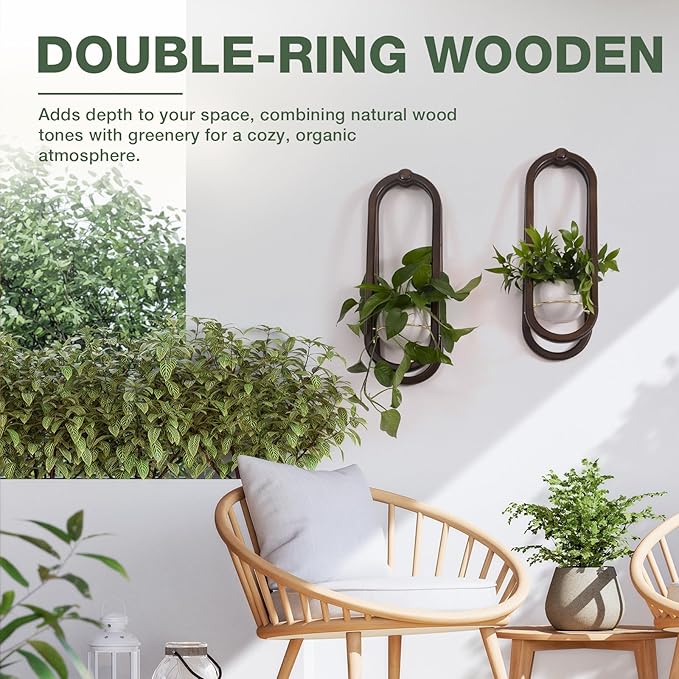 Wooden Wall Planters for Indoor with Ceramic Pot - Modern Hanging Plant Stand Shelf for Indoor Plants, Wall Mounted Plant Holder for Living Room, Bedroom, Wall Decor - Walnut Color (Set of 2)
