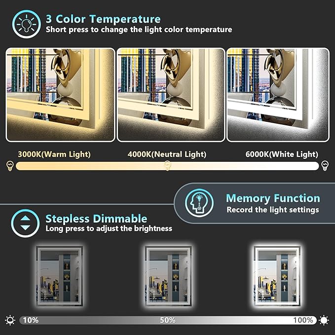 24x32 LED Bathroom Mirror with Lights, Backlit and Front Lit, Anti-Fog Lighted Vanity Mirrors for Bathroom Wall, Dimmable, 3-Color Light, Memory, Shatter-Proof, HD Tempered Glass, CRI＞90
