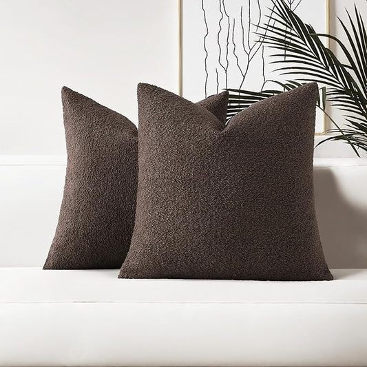 HAUSSY Set of 2 20x20 Decorative Throw Pillow Covers, Soft Cozy Textured Boucle Couch Cases, Home Decor for Couch Bed Living Room, Dark Coffee