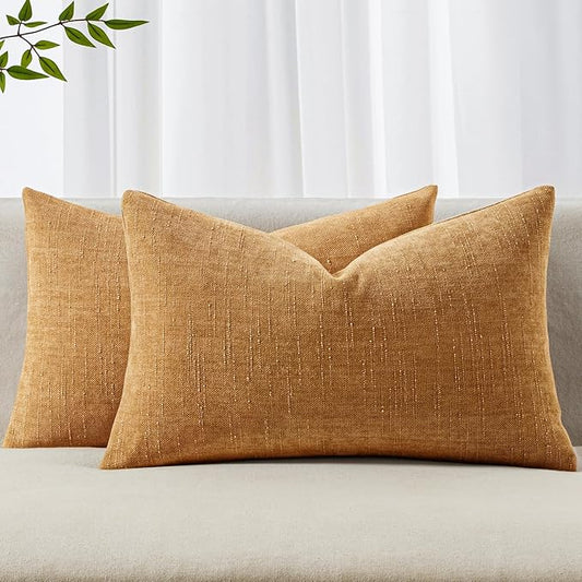 MIULEE Pack of 2 Decorative Throw Pillow Covers Soft Chenille Lumbar Accent Throw Pillows Solid Textured Cushion Covers Home Decor for Couch Sofa Bedroom Living Room 20x12 Inch,Golden Brown