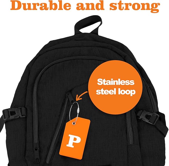 Gostwo 2 Pack Silicone Luggage Tags for Suitcases, 26 Initial Letter Baggage Labels Handbag School Bag Suitcase Instrument Tag with Stainless Steel Loop(Orange)(Letter P)