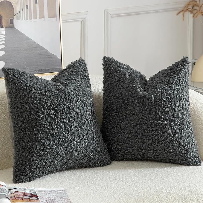 Yaertun Pack of 2 Faux Fur Throw Pillow Covers Decorative Sherpa Boucle Pillow Covers Fuzzy Soft Pillowcases Sheepskin Fleece Cushion Case for Couch Sofa Bed Living Room 22x22 Inch Grey