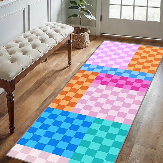 Multicolored Checkerboard Grid Runner for Entryway, 4x12ft, Boho Colorful Checkered Pattern Kids Playing Mat, Cozy Soft Absorbent Reduce Noise Rugs, Durable Washable Carpet for Family