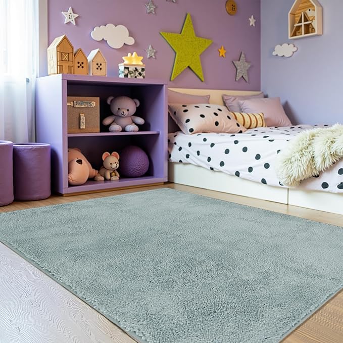 jinchan Solid Plush Area Rug 4x6 Performance Shaggy Washable Rug Indoor Soft Modern Faux Wool Cozy Non Slip Carpet for Living Room Kids Room Bedroom Dining Room Nursery Slate Blue