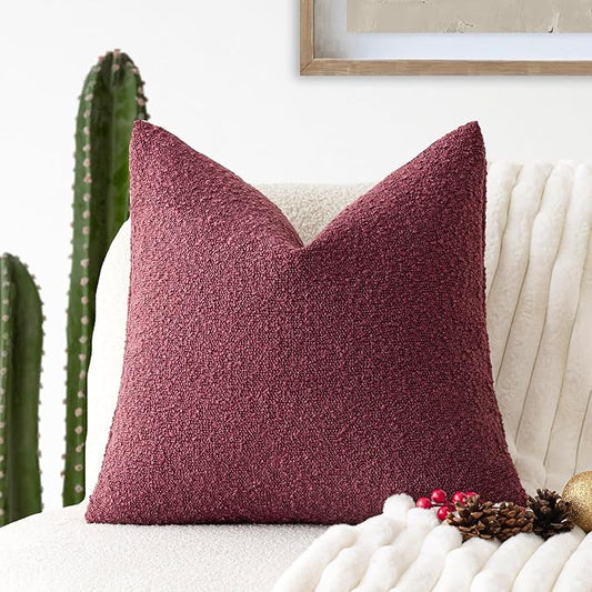Foindtower Decorative Textured Boucle Throw Pillow Covers Accent Solid Pillow Cases Neutral Soft Cozy Couch Cushion Case for Chair Sofa Bedroom Living Room Home Decor 26 x 26 Inch,Burgundy Red
