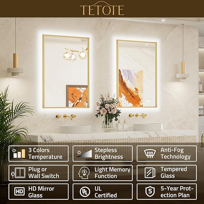TETOTE 24 x 32 Backlit Bathroom Mirror Brushed Gold Metal Frame LED Light Vanity 3-Color White/Warm/Natural Stepless Dimmable Anti-Fog Backlight Mirror Wall-Mounted