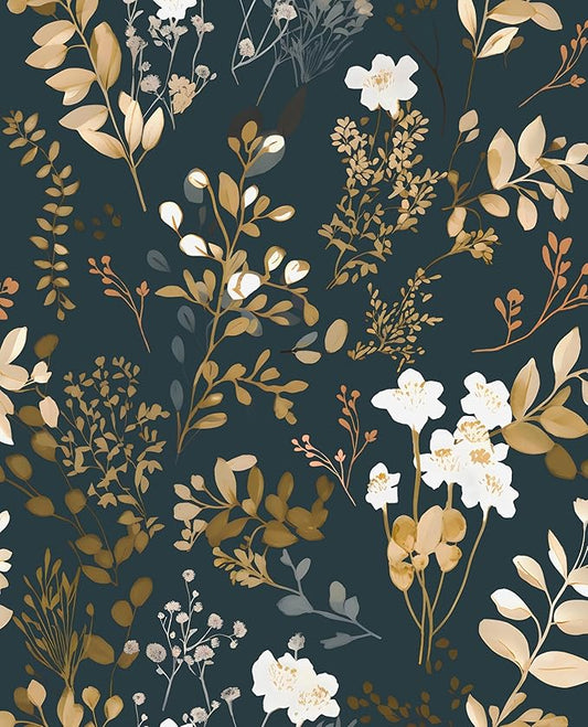 Navy Floral Wallpaper Peel and Stick Boho Wallpaper Vintage Blue/Gold Leaf Contact Paper Waterproof Self Adhesive Modern Wall Paper for Cabinet Walls Kitchen 17.5in x118in