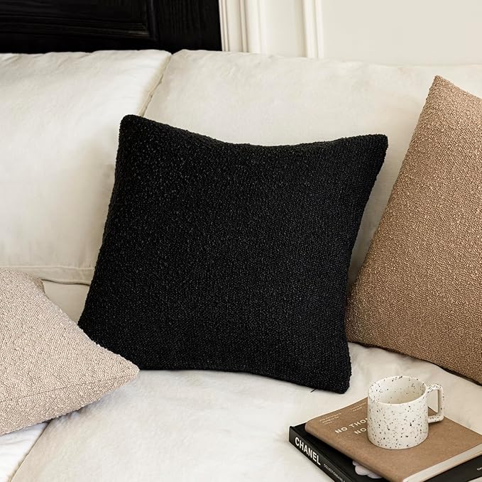 Foindtower Decorative Textured Boucle Throw Pillow Covers Accent Solid Pillow Cases Neutral Soft Cozy Couch Cushion Case for Chair Sofa Bedroom Living Room Home Decor 22 x 22 Inch,Black