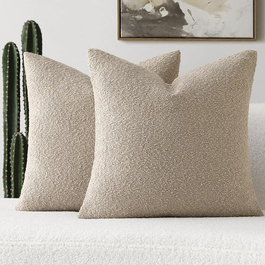 FUTEI Pack of 2 Oatmeal Decorative Throw Pillow Covers 24x24 Inch Soft Cozy Solid Boucle Textured European Cushion Case,Modern Home Decor for Couch Bed Living Room