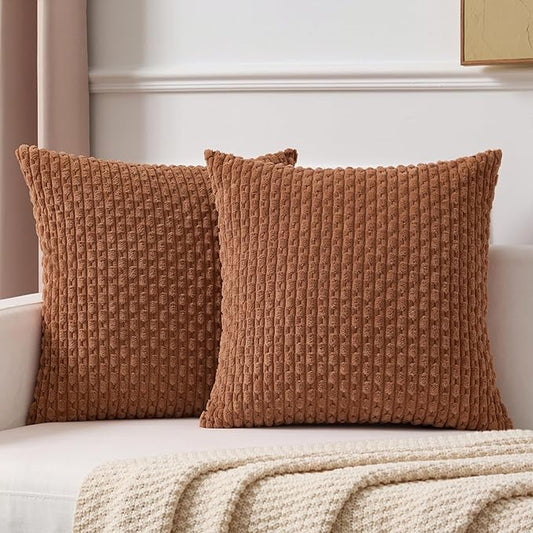 Kevin Textile Decorative Pillow Covers Set of 2 Striped Plush Corduroy Pillows Pillowcases Boho Home Decor Cushion Covers for Couch Sofa Bed Living Room 26x26 Inch, Burnt Orange
