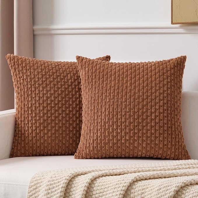 Kevin Textile Decorative Pillow Covers Set of 2 Striped Plush Corduroy Pillows Pillowcases Boho Home Decor Cushion Covers for Couch Sofa Bed Living Room 16x16 Inch, Burnt Orange