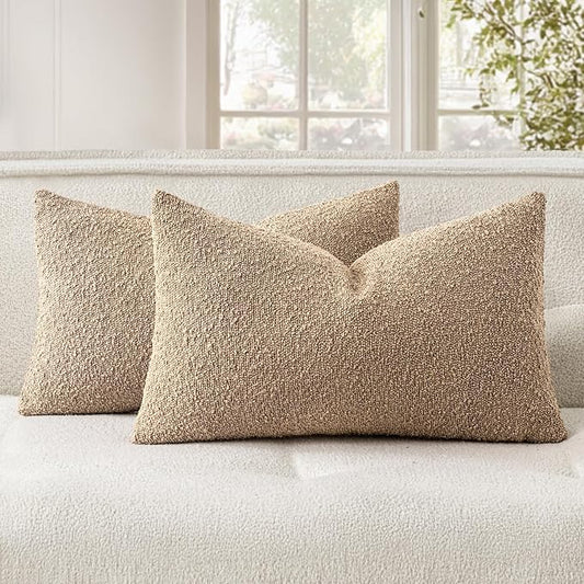 Woaboy Pack of 2 12x20 Inch Decorative Boucle Throw Pillow Covers Textured Lumbar Pillowcaes Accent Solid Cozy Soft Cushion Covers Home Decor for Sofa Couch Living Room Home Decor,Khaki