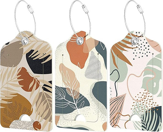 Rimilak 3 Pcs PU Leather Luggage Tags for Suitcase, Travel Cruise Luggage Tag with Privacy Flap, Name ID Label and Metal Loop for Women Men Baggage Handbag School Bag Backpack, Boho Plant