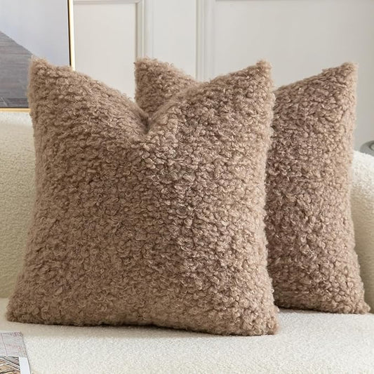 Yaertun Pack of 2 Faux Fur Throw Pillow Covers Decorative Sherpa Boucle Pillow Covers Fuzzy Soft Pillowcases Sheepskin Fleece Cushion Case for Couch Sofa Bed Living Room 16x16 Inch Khaki