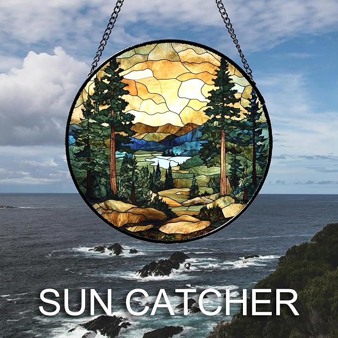 Stained Glass Window Hanging Forest Lake Mountain Sunset 7.8" - Suncatcher Door Garden Sunroom Sun Catcher Home Decor Birthday Christmas for Mom Men Woman Nana Friend