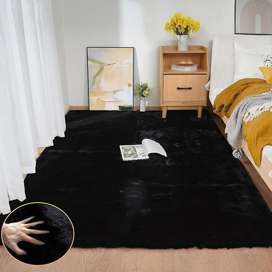 Black Fluffy Rug 5x7 Area Rugs for Bedroom Fuzzy Rabbit Washable Fur Rugs for Living Room Teen Room Nursery Rectangle Rug
