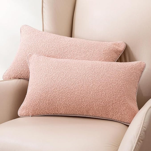 Amazon Basics Boucle Lumbar Throw Pillow Covers for Couch, Living Room, Home Decor with Hidden Zipper, Pink, 12×20in, Pack of 2