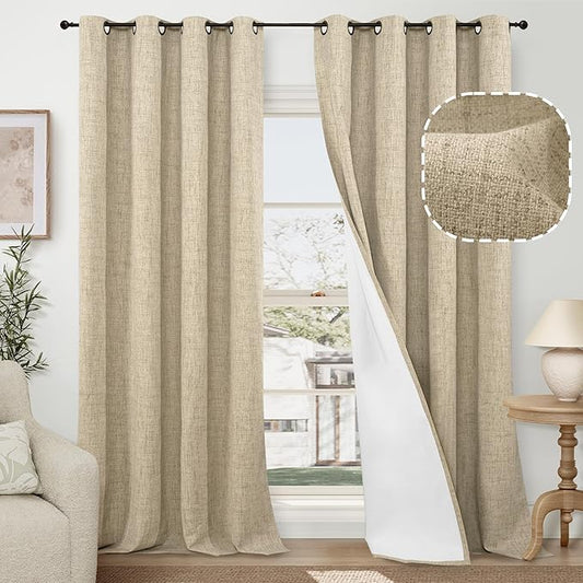 60 Inch Wide Linen Blackout Curtains for Living Room/Bedroom 84 Inch Length 2 Panels, Total Black Out Thermal Insulated Soundproof Grommet Boho Window Drapes White Liner for Modern Farmhouse, Burlap