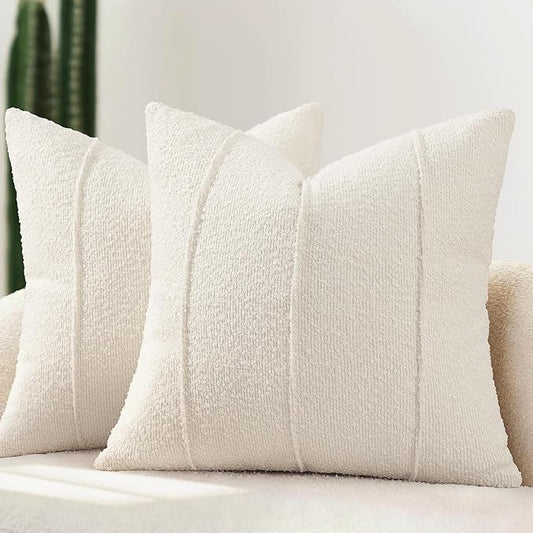 YCOLL Textured Boucle Throw Pillow Covers 20x20 Pack of 2 - Soft Neutral Striped Cushion Covers, Cozy Accent Decorative Pillow Covers for Couch, Sofa, Bed, Living Room (Ivory)