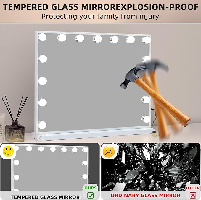 Fenair Vanity Mirror with Lights and Speaker Hollywood Speaker Support Answer Call, Touch Screen, 3 Color Modes Tabletop 15 Dimmable Bulbs