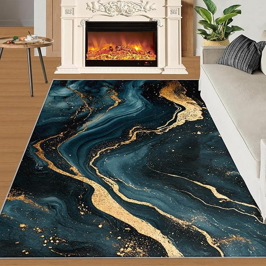 Marble Washable Area Rugs 3x4 Non-Slip Fluid Art Living Room Rug Gold Lines Soft for Carpet Low Pile Indoor Door Mat & Room Decor