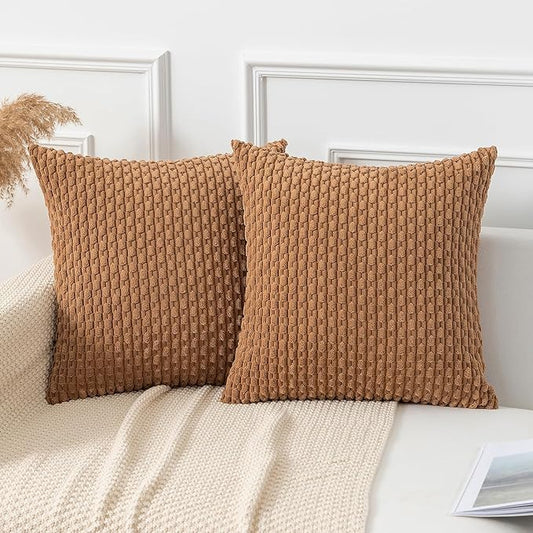 Kevin Textile Throw Pillow Covers Soft Corduroy Decorative Set of 2 Boho Striped Pillow Covers Pillowcases Farmhouse Home Decor for Couch Bed Sofa Living Room 24x24 Inch Khaki