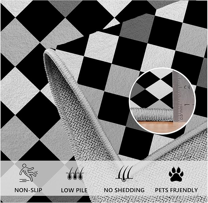 Black and White Rug 6x8, Rhombus Geometric Soft Ultra Soft Faux Wool Low Pile Rug, Indoor Floor Mats Carpet, Non-Slip Stain Resistant Washable Rugs, Modern Abstract Checkered Rugs for Living Room