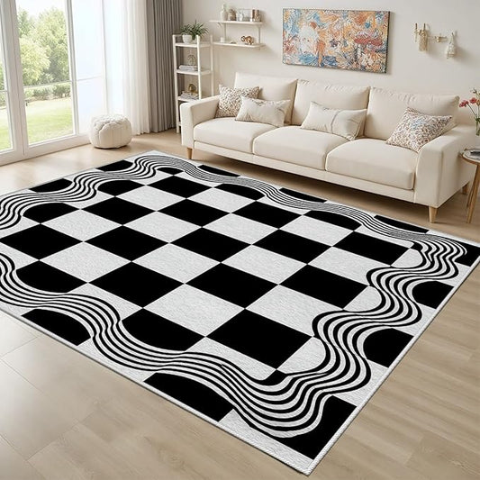 Checkered Area Rug, Checkerboard Rug, Geometric Plaid Washable Rugs, Modern Checkered Area Rugs 4x5, Wavy Line Carpet Non Slip for Bedroom Retro Home Decor