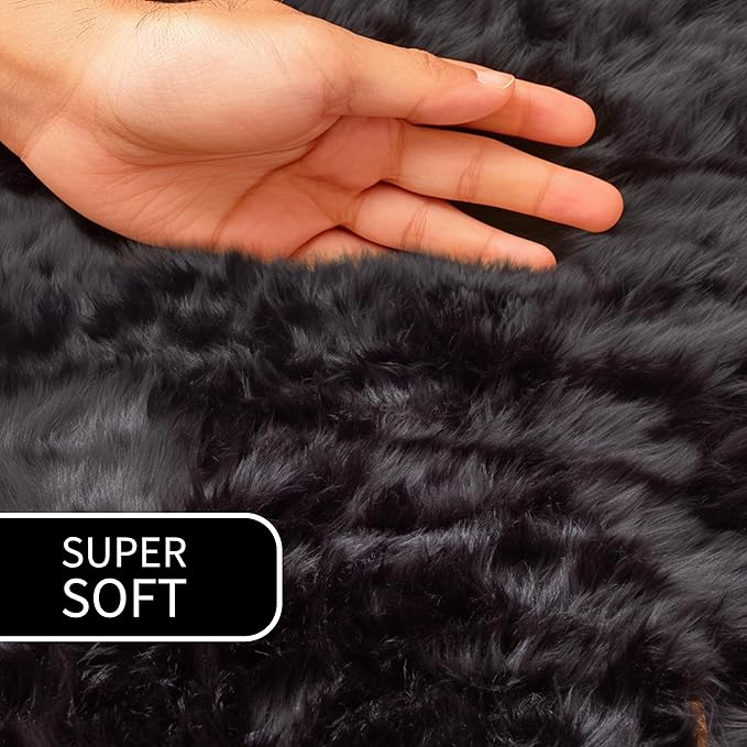 Super Area Rugs Ultra Soft & Fluffy Faux Sheepskin Rug, Black 8 x 10 Feet Carpet for Bedroom Living Room