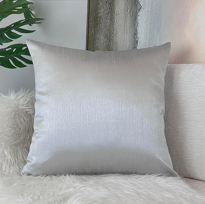 Aiking Home Collection 18x18 Inches Faux Silk Square Throw Pillow Cover, Zipper Closure, Silver (Set of 2)