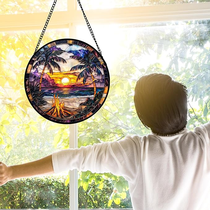 Stained Glass Window Hanging,Bonfire Beach Landscape Suncatcher Diamond Glass Panel Sun Catchers Decor for Birthday for Women, Men, Wife, Aunt, and Mom 9.8 in