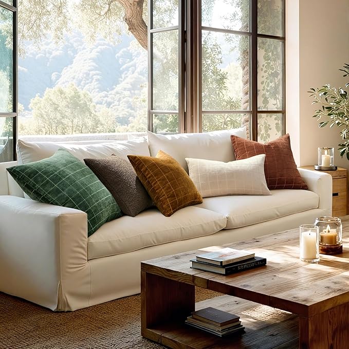 MIULEE Decorative Chenille Check Throw Pillow Covers Vintage Plaid Couch Pillows 18x18 Inch Set of 2 Neutral Boho Cushion Covers Modern Spring Home Decor for Sofa Bed Living Room Moss Green