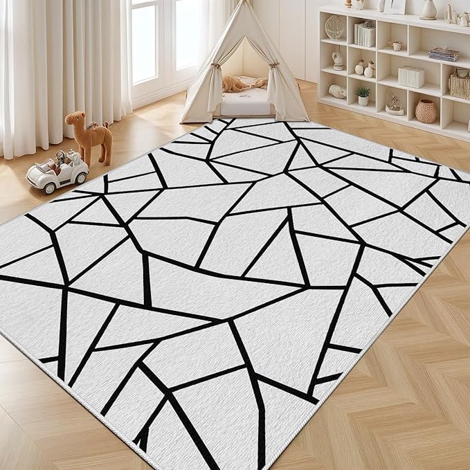 White and Black Rug - Black and White Rug, Geometric Area Rugs 6x8, Modern Abstract Rugs for Living Room Bedroom, Irregular Polygon Carpet Washable Non Slip Home Decor