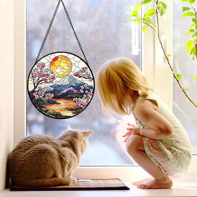 Stained Glass Window Hanging, Sun Blooming Cherry Blossoms Suncatcher Diamond Glass Panel Sun Catchers Decor for Birthday for Women, Men, Wife, Aunt, and Mom 9.8 in