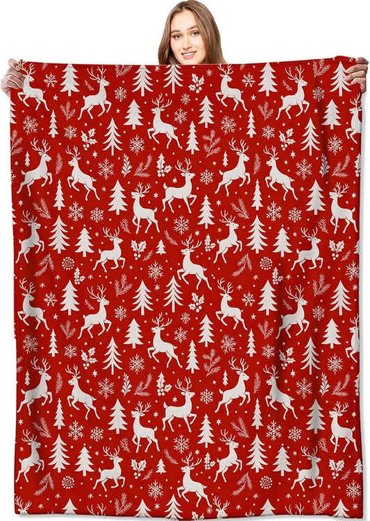 Red and White Reindeer Blanket Christmas Holiday Decor Winter Forest Xmas Throw Gifts for Adults Lightweight Soft Fleece Snowflakes Pine Tree Blankets for Bed Couch Festive Decoration 40x50in