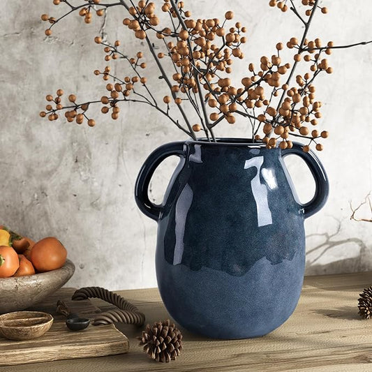 7 Inch Retro Navy Blue Ceramic Vase with Handles, Modern Glazed Blue Vase for Flowers, Farmhouse Vintage Flower Vase Decorative for Home Decor, Table, Counter, Living Room, Bedroom, Entryway