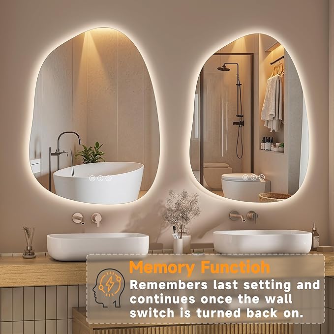 Hasipu Irregular Wall Mirror with Lights- 31"x24" Large Vanity Mirror with Anti-Fog, 3 Color Modes,Dimmable Light, Memory Function, Backlit Wall Mount, Horizontal/Vertical