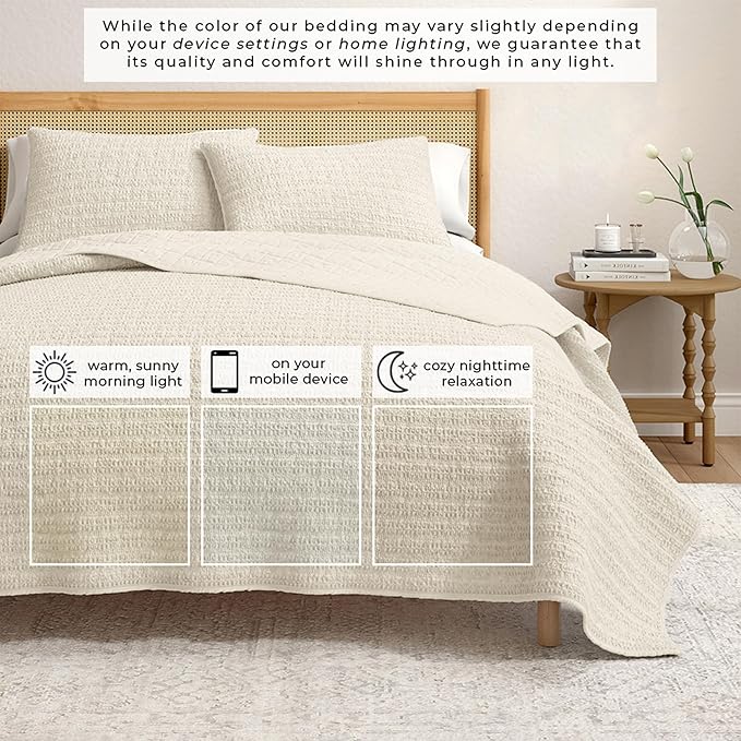 Great Bay Home King Size Taupe 100% Cotton Honeycomb Waffle Quilt and Sham Set - Garment Washed, Waffle Weave Like Texture, Lightweight 3-Piece Bedding Set (Natural)