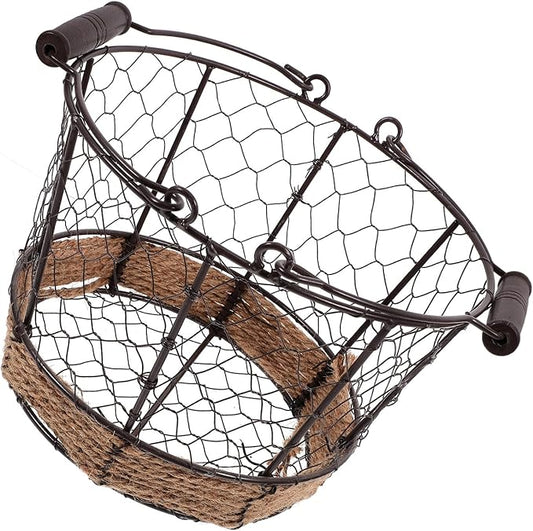 Homoyoyo Metal Wire Storage Basket Small round Iron Basket with Handle Vintage Wire Sundries Organizer for Kitchen and Home Storage