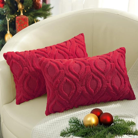 decorUhome Throw Pillow Covers 12x20 Inch Set of 2, Soft Plush Faux Wool Red Solid Couch Pillow Covers, Accent Farmhouse Neutral Square Pillow Cases for Sofa Bed Living Room