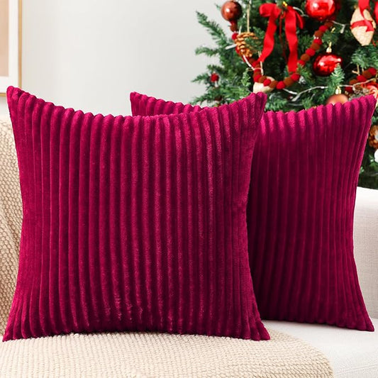 Simmore Decorative Euro Sham Throw Pillow Covers 22x22 Set of 2, Soft Natural Plush Flannel Double-Sided Fluffy Couch Pillow Covers for Sofa Living Room, Burgundy