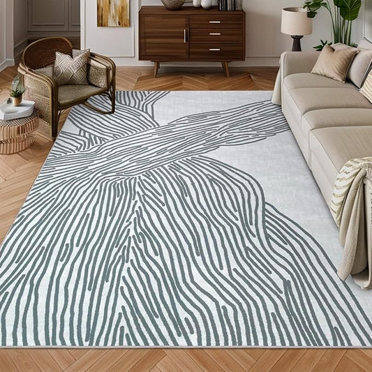 YIHOUSE Grey Rug for Living Room, 8×10 Modern Abstract Area Rug, Geometric Contemporary Wave Striped Rugs for Playroom Nursery, Washable Nonslip Large Rug for Bedroom Dining Room