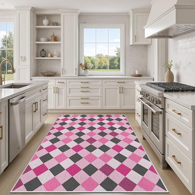 Diamond Checkered Rug 4x5, Soft Ultra Soft Faux Wool Abstract Geometric Rugs, Indoor Floor Mats Carpet, Non Slip&Non-Shedding Low Pile Washable Rugs, Modern Red Rug for Bedroom