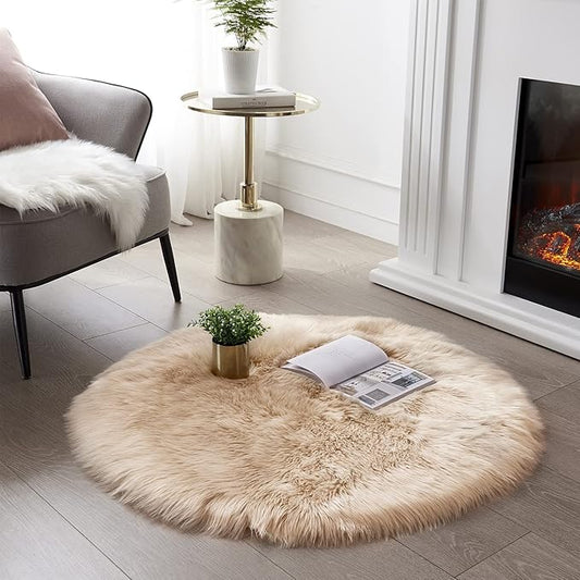SERISSA Ultra Soft Round Faux Sheepskin Fur Area Rug Beige Circular Shaggy Rug Round Fluffy Area Rugs Plush Circle Floor Carpet Mat for Bedroom Living Room Floor Decor, 3ft Diameter (Beige)