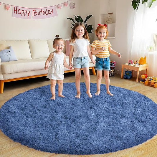 Round Fluffy for Bedroom Rugs, 6Ft Navy Blue Shag Circle Rug Non-Slip for Kids Girls Boys Bedroom Dorm Nursery Playroom, Soft Cute Area Rugs for Living Room Decor