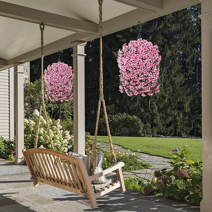 Artificial Flowers Plants for Outdoor with Basket, 4PCS Silk Hanging Faux Flowers Long Trailing Vines for Outside Home Porch Patio Decoration, Pink