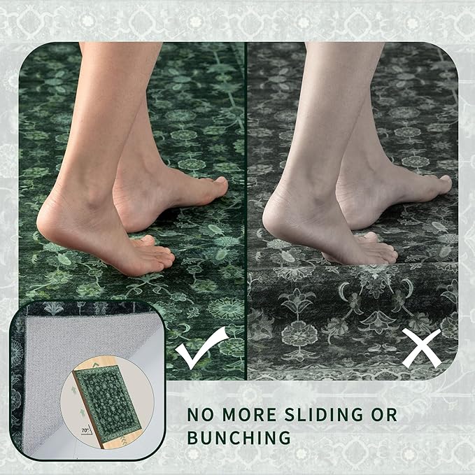 Tangsoo Green 2x5 Runner Rug Non Slip Washable for Kitchen Bathroom, Vintage Floral Boho Rug Runner for Hallway Entryway, Low Pile Carpet Door Mat Indoor Entrance for Bedroom Laundry Pet&Kids Friendly